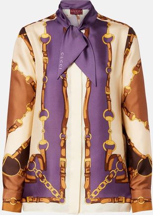 Gucci Printed tie-neck silk twill blouse