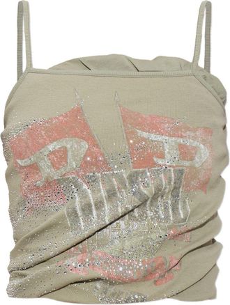 Diesel Sleeveless Spaghetti Strap Top With Ruched Design And Graphic Print