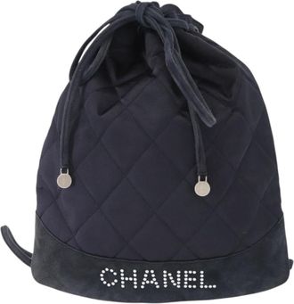 Chanel Vintage Drawstring Backpack Quilted Satin With Suede Navy Satin Backpack Bag (Pre-Owned)