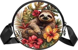Generic Circle Crossbody Bag for Women, Sloth Tropical flower Small Sling Bag Daypack with Zipper Adjustable Shoulder Straps Casual Ladies Girls Round Purse