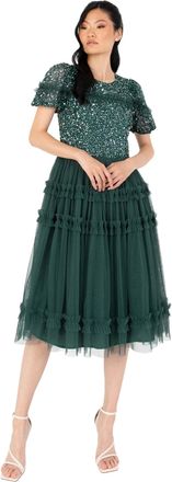 Maya Womens Midi Dress Ladies Sequin Embellished Short Sleeve Ruffle for Wedding Guest Bridesmaid Occasion Evening Ball Gown, Emerald Green, 20