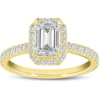 LuvMyJewelry Arpine 14K Yellow Gold Emerald Cut Lab Grown Diamond Halo Engagement Ring - 2 Ct at Nordstrom, Size 7
