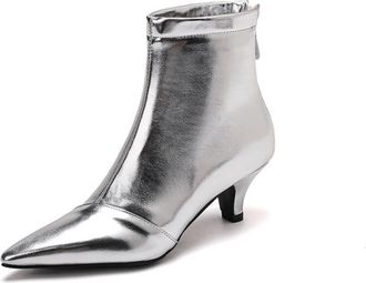 Generic Womens Shiny Metallic Pointed Toe Ankle Boots Mid Heels Zipper Closure PU Leather Party Night Out Cocktail Daily Shoes,Silver,7.5 UK