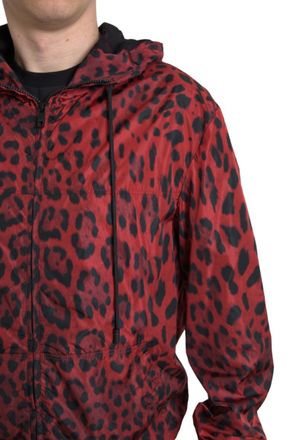Dolce & Gabbana Mens Red Leopard Hooded Bomber Full Zip Jacket Nylon Clothing