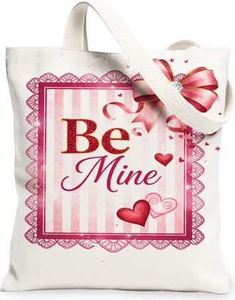 Generic ValentineS Hearts Canvas Tote Bags, Stylish Love Pattern Reusable Grocery Bags, Vintage Lightweight Washable Shoulder Stra, White, 13x15 Inch