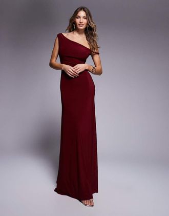 Asos twist shoulder with lace up back maxi dress in wine-Red