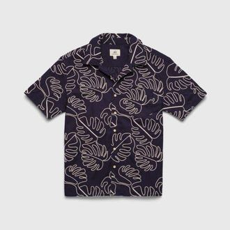 Surfside Supply Co. Mariner All Over Leaf Embroidery Camp Collar Shirt in Navy Blazer at Nordstrom, Size Xx-Large