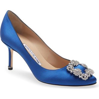 Manolo Blahnik Hangisi 70mm Crystal Buckle Pump in Blue Satin Clear/Buckle at Nordstrom, Size 10.5Us
