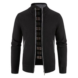 Generic Mens Classic Stand Collar Cable Knitted Cardigan Thick Sweater Zip Stand Collar Full Zip Long Sleeve Knitted Open Edge Thicker Cardigan Classic Style 