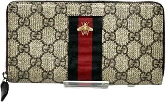 Gucci Pre-owned Wallets, male, Brown, Size: ONE SIZE Pre-owned GG Supreme Bee Canvas Long Zip Wallet