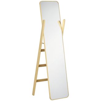 HOMCOM Homcom - Espejo De Pie Con Perchero Espejo De Cuerpo Entero 40x35x147 Cm Espejo Largo Con Marco De Madera Para Sal&oacute;n Dormitorio Entrada Natural
