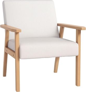 HOMCOM Accent Chair with Wood Frame Wide Seat Linen Armchair Cream White - Homcom