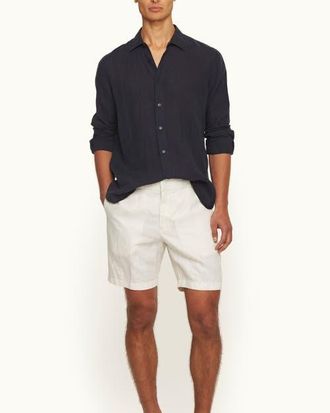 Orlebar Brown Justin Lino Relaxed Fit Classic Collar Italian Linen Shirt in Night Iris at Nordstrom, Size Xx-Large