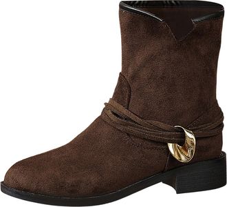 Generic Womens Suede Ankle Boots, Round Toe, Casual Fall Winter Style, Brown Flock Upper, Rubber Sole, 3.5cm Heel, Buckle Detail