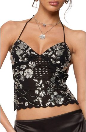 Edikted Nelley Sequin Beaded Open Back Halter Top in Black at Nordstrom, Size X-Large