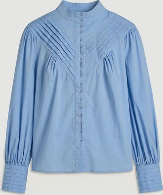 Karen Millen Womens Plus Size Cotton Pleated High Neck Balloon Sleeve Woven Blouse - Blue - Size 20 UK