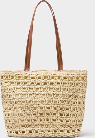 Simons Womens Faux-leather handle crocheted straw tote bag