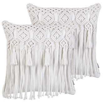 Beliani Beliani - Conjunto De 2 Cojines De Algod&oacute;n Con Relleno Macram&eacute; Patr&oacute;n Boho Borlas 45 X 45 Cm Blanco Bamian