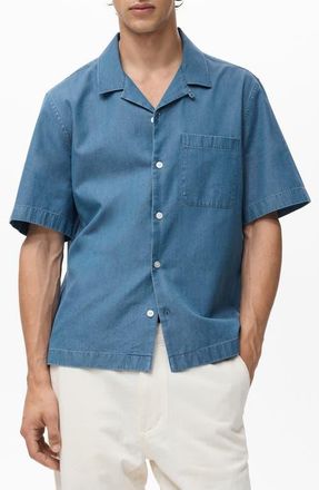 Mango Cotton Denim Camp Shirt in Indigo Blue at Nordstrom, Size Medium