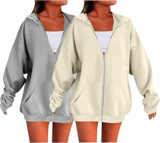 Generic 2 Piece Hoodies For Women Uk Oversized Solid Color Sweatshirts For Women Uk Ladies Zip Up Plain Hoodies Cardigans Tops Long Sleeves Casual Fashion Loo