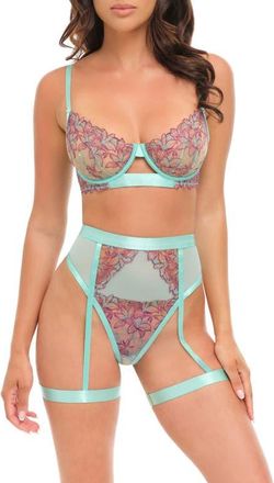 Oh l&agrave; l&agrave; Ch&eacute;ri Adaline Embroidered Mesh Underwire Bra & Thong with Garter Straps Set in Lily Pond/Mojito at Nordstrom, Size X-Large