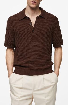 Mango Braided Knit Polo in Tobacco Brown at Nordstrom, Size X-Large