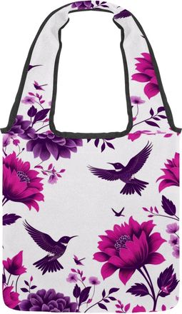 Generic Hummingbird Floral Reversible Canvas Shoulder Tote - Double-Sided Print, 12oz Cotton, 27cm Drop, Fold-Flat Bag for Travel, Shopping, Street Outings