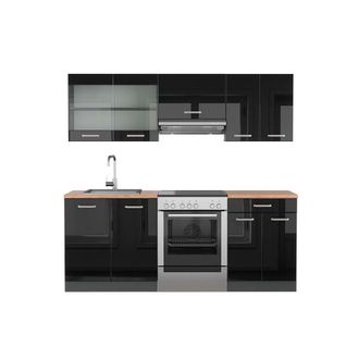 Vicco Mueble De Cocina R-line, Negro/antracita De Alto Brillo, 200 Cm, Et Roble
