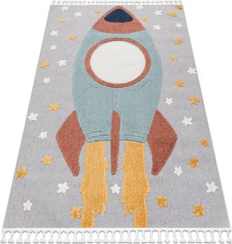 RugsX Rugsx - Carpet yoyo GD55 grey / blue - Stars, rocket for children, structural, sensory Fringes multicolour 120x170 cm