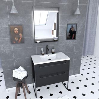 Aurlane Aurlane - Pack Mueble De Ba&ntilde;o 80x50 Negro Mate - 2 Cajones Negro Mate - Lavabo Blanco + Espejo Led