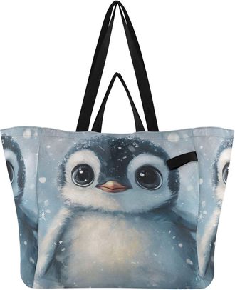 Generic Gray Penguin Snowflake print Reusable Canvas Tote Bag, Heavy Duty Grocery Shopping Bag with Double Handles Large Capacity Hard Bottom Work Groceries T