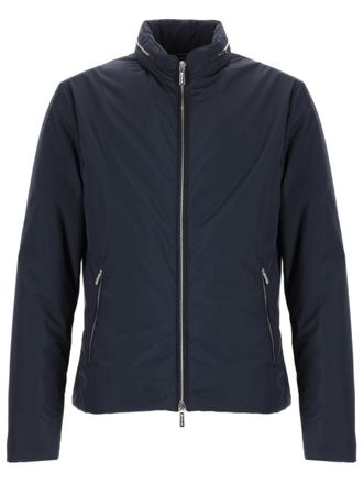 Moorer Navy Blue Solid Mock Collar Jacket