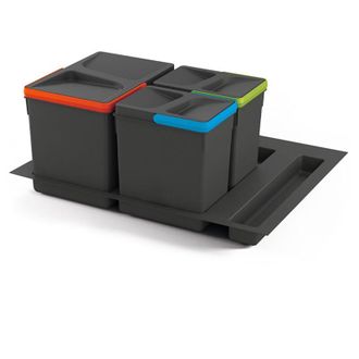 Emuca Kit De Contenedores De Reciclaje Para Caj&oacute;n De Cocina Con Base Recycle Altura 216mm, 1x12litros, 2x6litros, M&oacute;dulo 600mm, Pl&aacute;stico Gris Antracita - Em