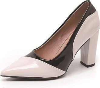 Generic Womens Fashion Colorblock Pointed Toe High Block Heel Pumps Shoes Slip On for Party Work Office (5.5,White)