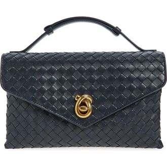 Bottega Veneta Knot Lock Intrecciato Leather Shoulder Bag in 4338 Midnight-Muse Brass at Nordstrom