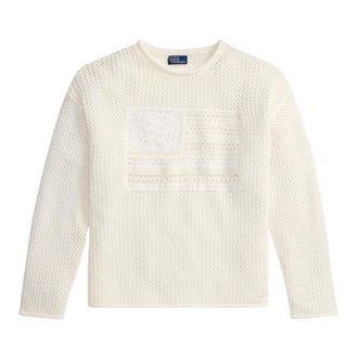 Ralph Lauren Round-neck Knitwear, female, White, Size: S Tonal Flag Pointelle Sweater