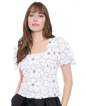 Muse Muse Top Women White Floral Print Square Neck Puff Sleeve Blouse Preppy PAL76