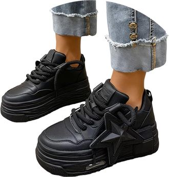 Generic Fashion Platform Sneakers for Everyday Casual Comfort - Versatile Slip-On Lace-Up Footwear for Spring Summer Year-Round Walking (Black, 6.5)