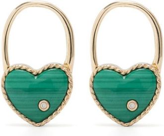 Yvonne Léon 9kt yellow gold Créole Cadenas Coeur malachite and diamond single earring - women - Malachite/9kt Yellow Gold/Grey Diamond - One Size