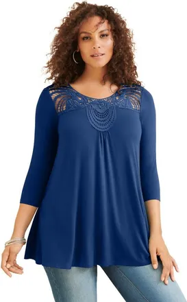 Roaman's Plus Size Crochet Embellished Swing Ultra Femme Tee in Evening Blue at Nordstrom, Size 12