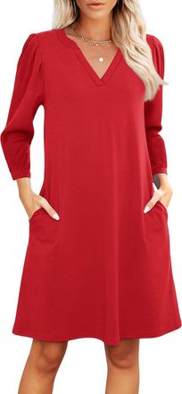 Generic Womens Casual Simple Plain 3/4 Sleeve T-Shirt Loose Dress Summer Fall V Neck A-Line Flowy Boho Shirt Dresses with Pockets,Satin Dress for Women Wrinkl