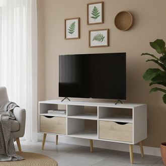 Dmora Dmora Meuble Tv &Agrave; Deux Tiroirs, Coloris Blanc Et Ch&ecirc;ne, 117 X 57 X 39 Cm