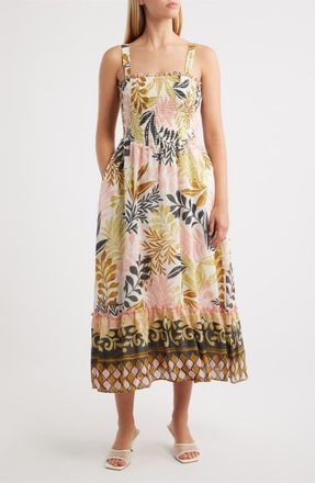 Julia Jordan Smocked Sleeveless Maxi Dress in Ivory Multi at Nordstrom, Size 14