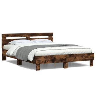 Berkfield Home Bed Frame with LED without Mattress Smoked Oak 140x200 cm in Brown