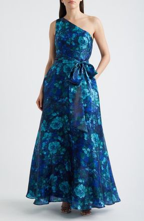 Eliza J Print Tie Waist One-Shoulder Gown in Navy Cobalt at Nordstrom, Size 14