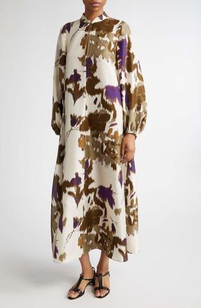 Max Mara Maesa Floral Long Sleeve Shantung Silk Maxi Dress in Ivory at Nordstrom, Size 0