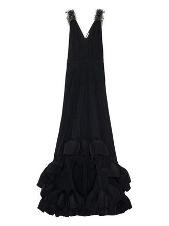 Lanvin Abito lungo Charmeuse con ricamo e ruches - Nero