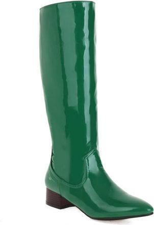 Generic Womens Fashion Patent Leather Knee High Riding Boots Round Toe Low Block Heel Wide Calf Pull On Winter Shoes (5.5,Green)