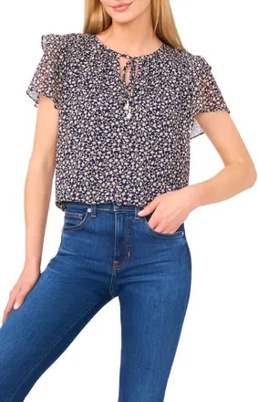 CeCe by Cynthia Steffe Floral Tie Neck Chiffon Top in Classic Navy at Nordstrom, Size Large
