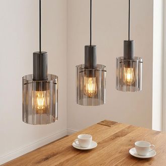 Globo Lighting Lampada A Sospensione Lampada Da Tavolo A Sospensione Lampada Da Soggiorno Lampada A Sospensione A 3 Fiamme In Vetro Fum&eacute;, Metallo Grigio, 3x Prese E2